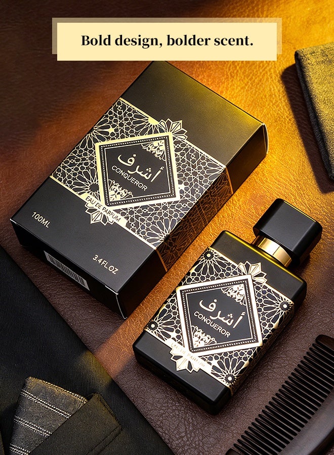 Conqueror Oriental Woody Perfume 100ml for Men, Long Lasting Pepper Bergamot Rose Jasmine Oud Vanilla Amber Eau de Parfum, Luxury Black Gold Bottle, Bold Gift Choice - Image 2